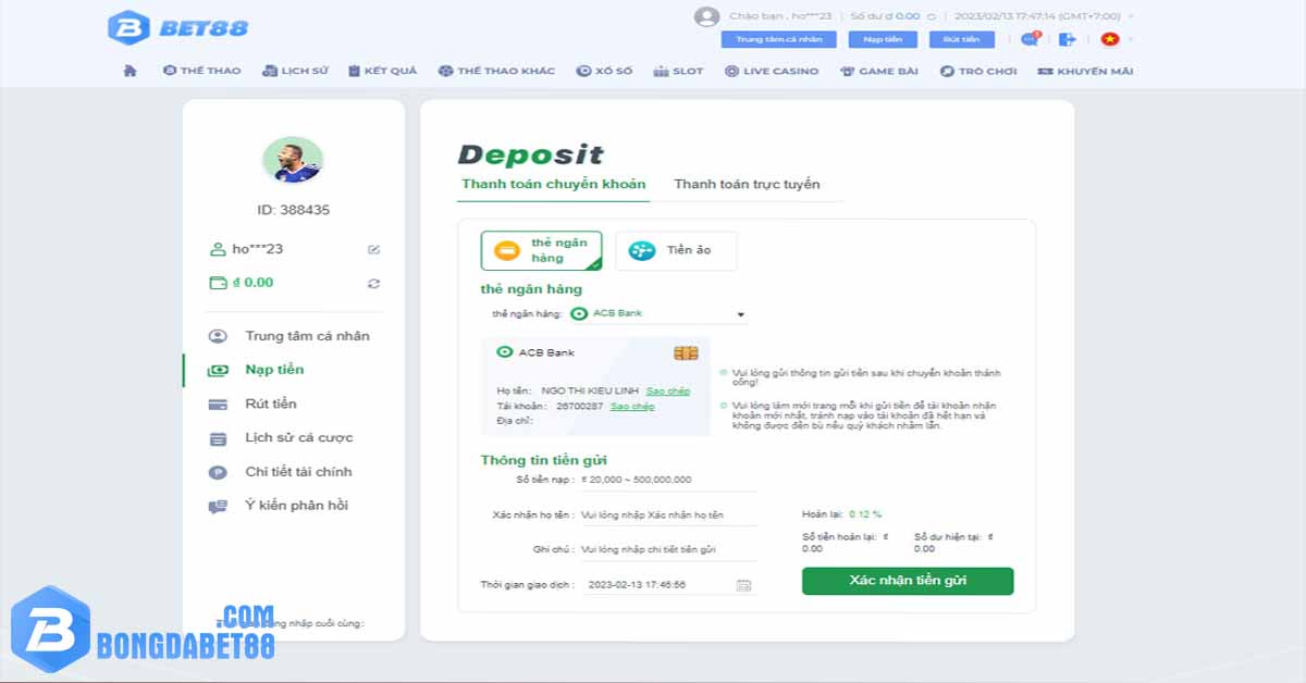Hướng dẫn nạp tiền bet88